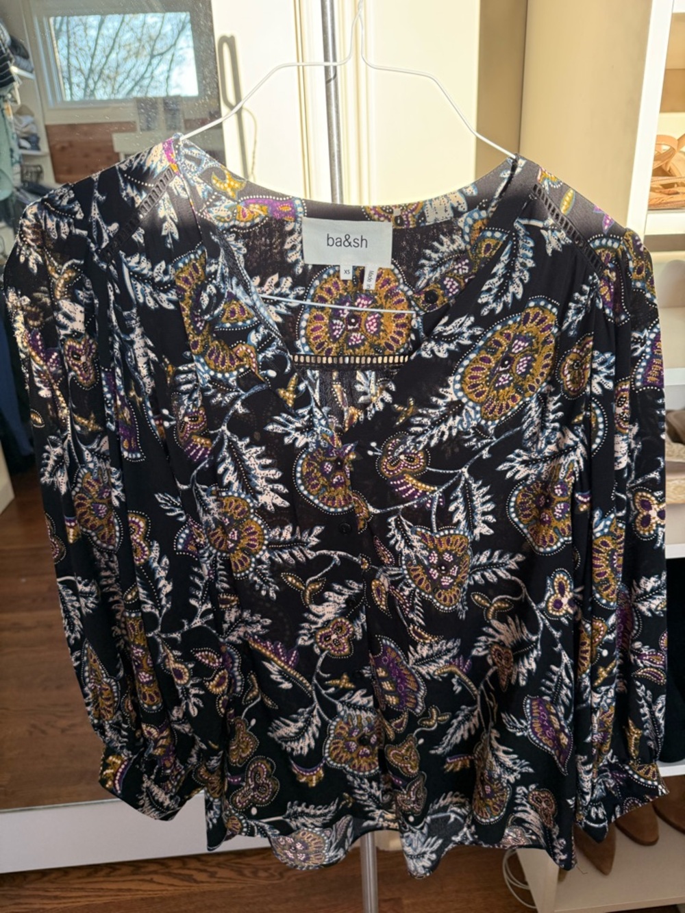 ba&sh Black Paisley V-Neck Blouse with Gold and Purple Accents